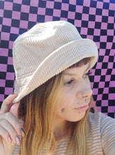 Load image into Gallery viewer, Sandstone Cord Bucket Hat, Unisex Neutral Beige Corduroy Sun Hat, Streetwear Surf Wear Fashion, Beach Wear