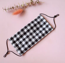 Load image into Gallery viewer, Reusable Fabric Mask / Black Gingham with Filter Pocket, Adjustable Straps