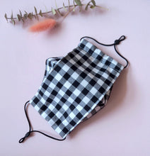 Load image into Gallery viewer, Reusable Fabric Mask / Black Gingham with Filter Pocket, Adjustable Straps