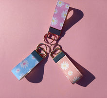 Load image into Gallery viewer, Daisy Print Keychain Mini Wristlet, Vegan Leather Floral Key Fob / by Sopo + Tahti