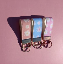 Load image into Gallery viewer, Daisy Print Keychain Mini Wristlet, Vegan Leather Floral Key Fob / by Sopo + Tahti