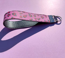 Load image into Gallery viewer, Pink Leopard Print Keychain Wristlet, Vegan Leather Animal Print Key Fob / by Sopo + Tahti