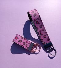 Load image into Gallery viewer, Pink Leopard Print Keychain Wristlet, Vegan Leather Animal Print Key Fob / by Sopo + Tahti