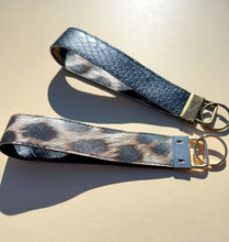 Load image into Gallery viewer, Tan Leopard Print Keychain Wristlet, Vegan Leather Animal Print Key Fob / by Sopo + Tahti