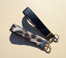 Load image into Gallery viewer, Tan Leopard Print Keychain Wristlet, Vegan Leather Animal Print Key Fob / by Sopo + Tahti