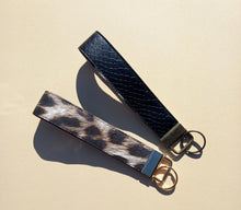 Load image into Gallery viewer, Tan Leopard Print Keychain Wristlet, Vegan Leather Animal Print Key Fob / by Sopo + Tahti