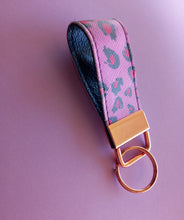 Load image into Gallery viewer, Pink Leopard Print Keychain Mini Wristlet, Vegan Leather Animal Print Key Fob / by Sopo + Tahti