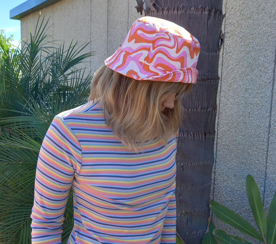 Swirl Brights Bucket Hat, Unisex Psychedelic Pink & Orange Sun Hat