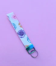 Load image into Gallery viewer, Smiley Keychain Wristlet, 90s Smile Key Chain, Key Fob Tie Dye surf Wear
