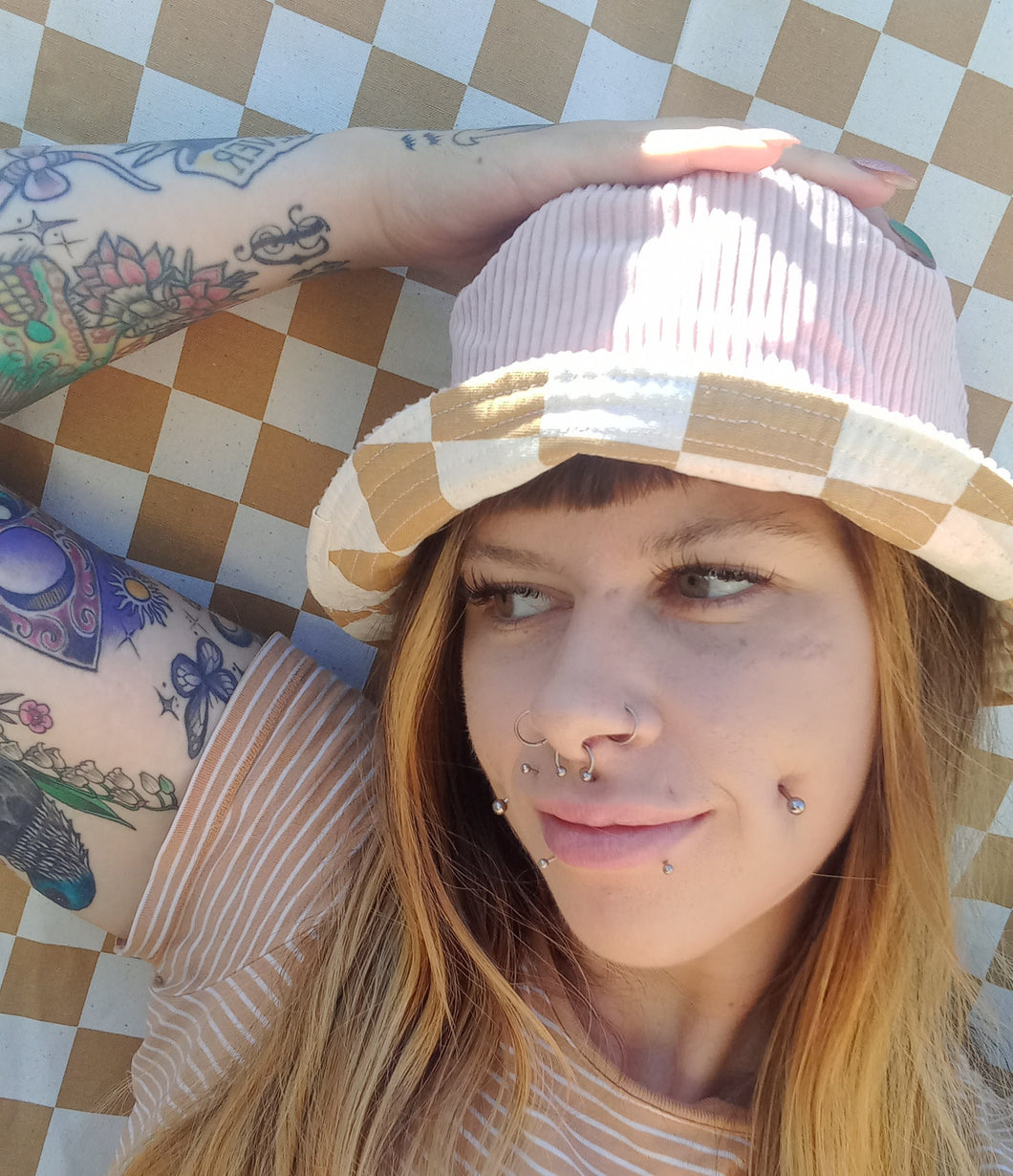Pink Cord Bucket Hat, Unisex Neutral Corduroy Sun Hat, Streetwear Surf Wear Fashion, Beach Wear