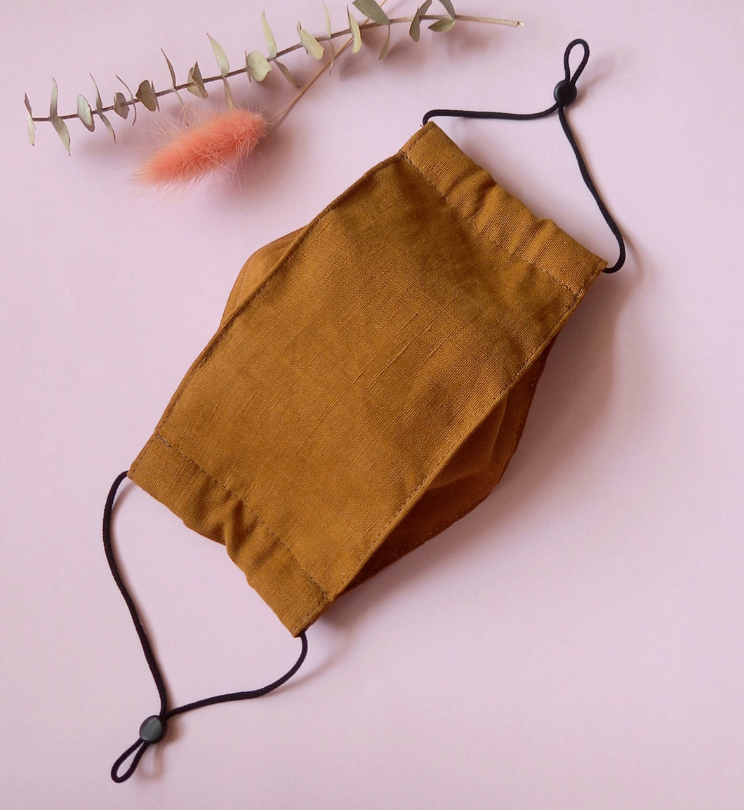 Reusable Fabric Mask / Mustard Linen with Filter Pocket, Adjustable Straps