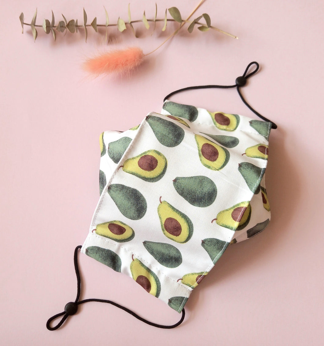 Reusable Fabric Mask / Avocado Print with Filter Pocket, Adjustable Straps