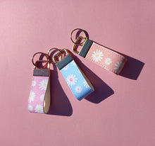 Load image into Gallery viewer, Daisy Print Keychain Mini Wristlet, Vegan Leather Floral Key Fob / by Sopo + Tahti
