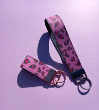 Load image into Gallery viewer, Pink Leopard Print Keychain Mini Wristlet, Vegan Leather Animal Print Key Fob / by Sopo + Tahti
