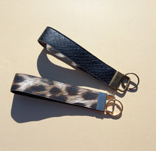 Load image into Gallery viewer, Tan Leopard Print Keychain Wristlet, Vegan Leather Animal Print Key Fob / by Sopo + Tahti
