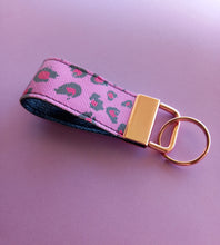 Load image into Gallery viewer, Pink Leopard Print Keychain Mini Wristlet, Vegan Leather Animal Print Key Fob / by Sopo + Tahti
