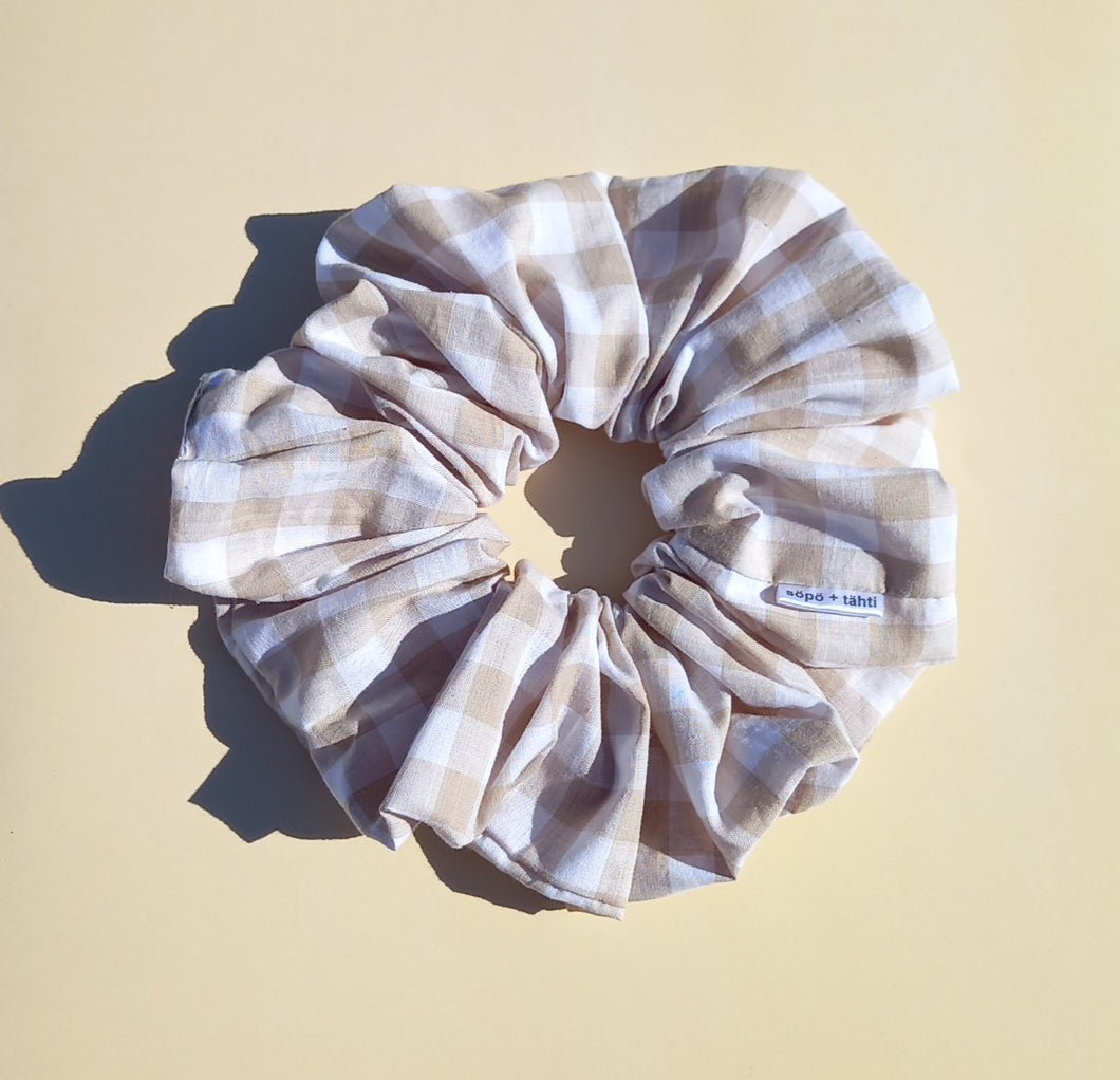 XL Scrunchie in Tea Beige Gingham, Cream Cotton Scrunchie