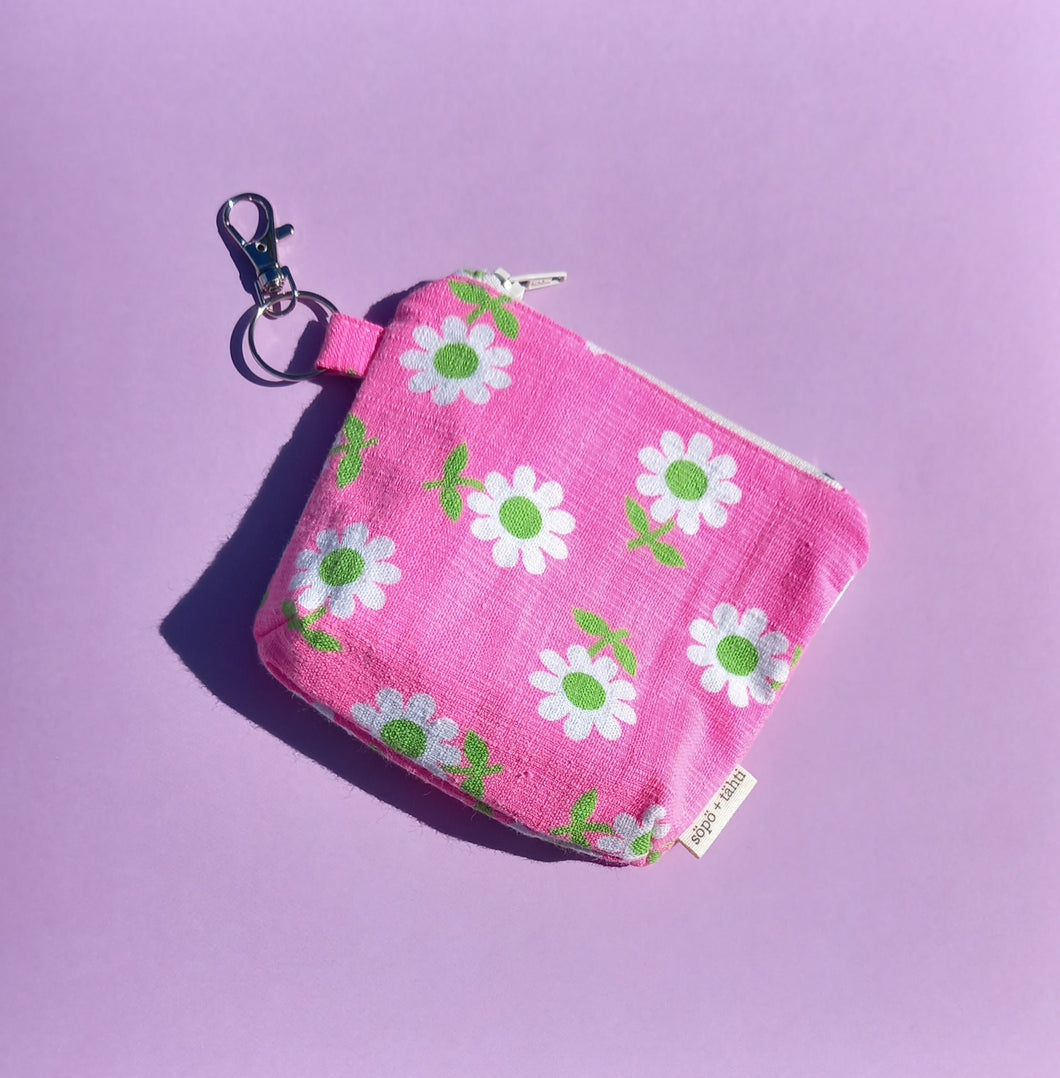 Bright Pink Daisy Keychain Zipper Pouch, Coin Purse, Accessory Wallet / by Söpö + Tähti