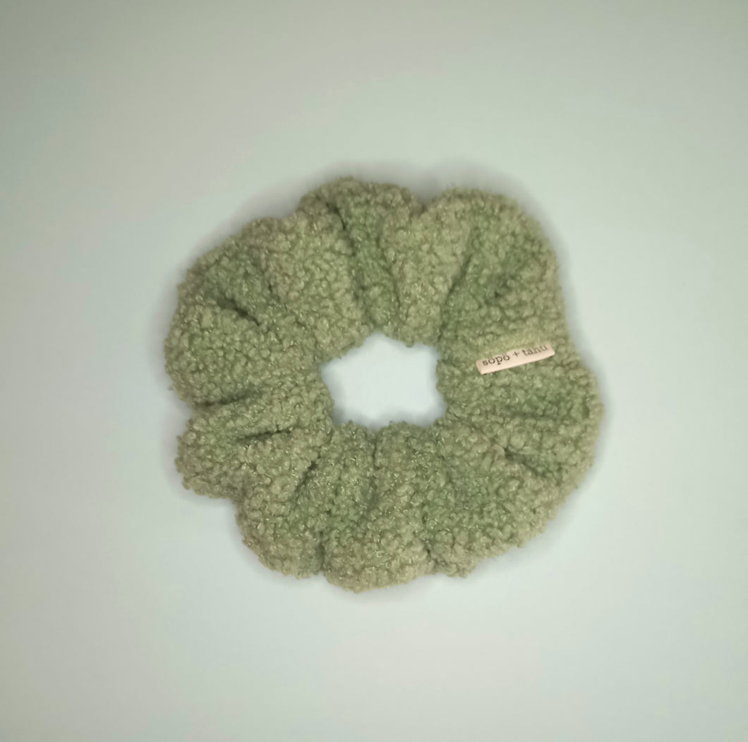 Matcha Green Lattè Plush Teddy Scrunchie, Sage Furry Fuzzy Scrunchie in Teddie Plush