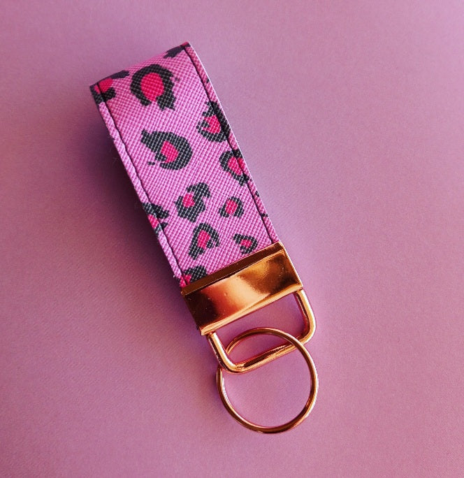 Pink Leopard Print Keychain Mini Wristlet, Vegan Leather Animal Print Key Fob / by Sopo + Tahti